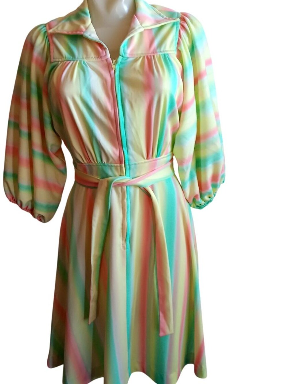 True Vintage Dress sz 8 1970s Pastel Rainbow Striped A-Line Belted Puff Sleeves